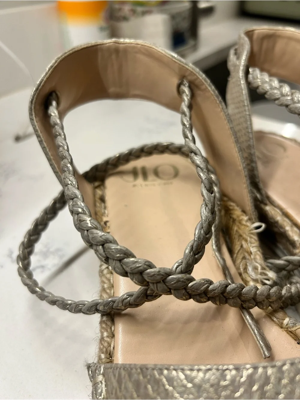 Jennifer Lopez Metallic Silver Braided Espadrille Sandals
